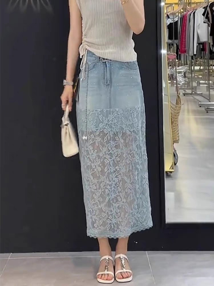 Summer split denim skirt lace rhinestone skirt for women