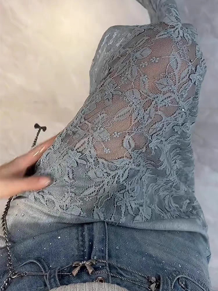 Summer split denim skirt lace rhinestone skirt for women