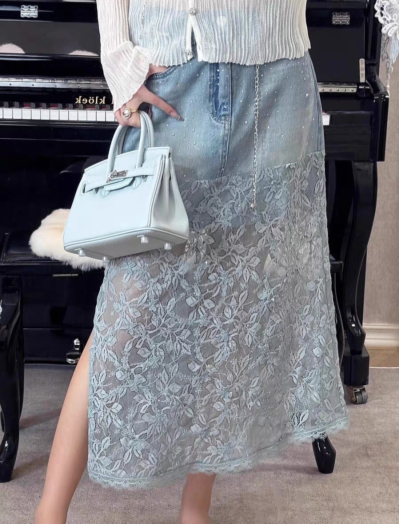 Summer split denim skirt lace rhinestone skirt for women