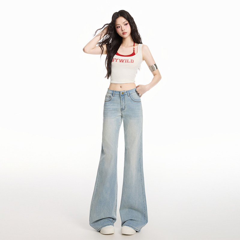 Light-blue all-match flare pants drape jeans for women