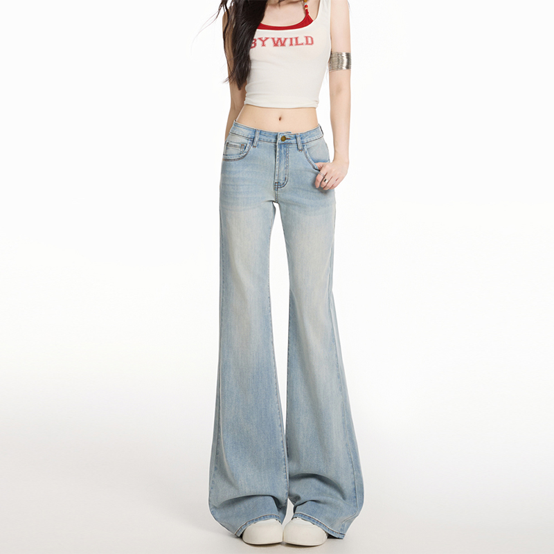 Light-blue all-match flare pants drape jeans for women