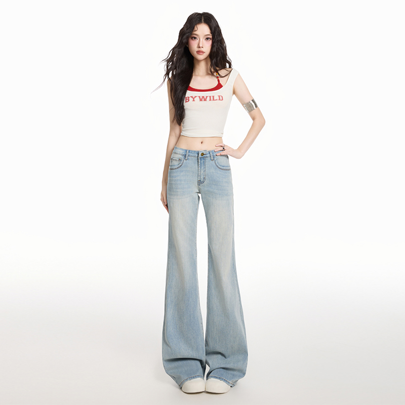 Light-blue all-match flare pants drape jeans for women
