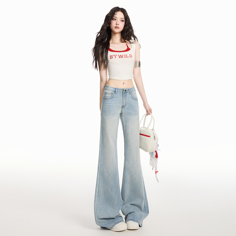 Light-blue all-match flare pants drape jeans for women