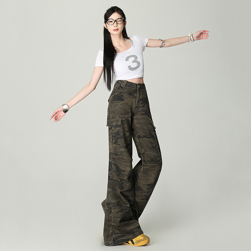 Retro camouflage long pants summer work pants for women
