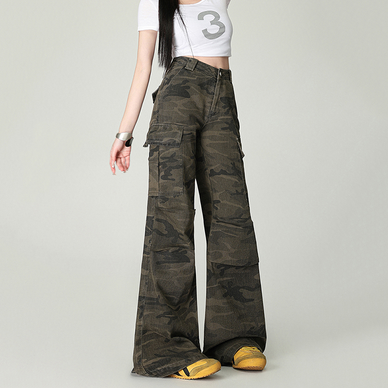 Retro camouflage long pants summer work pants for women