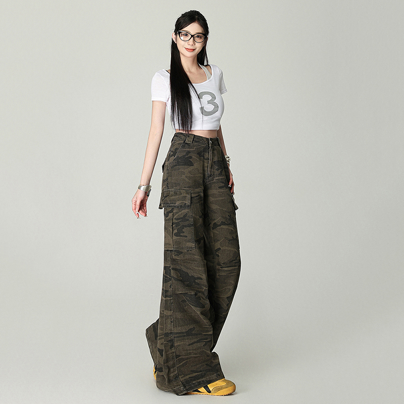 Retro camouflage long pants summer work pants for women