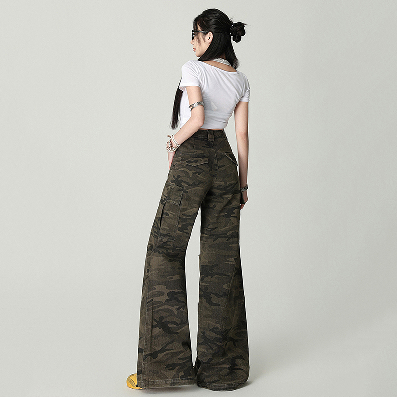 Retro camouflage long pants summer work pants for women