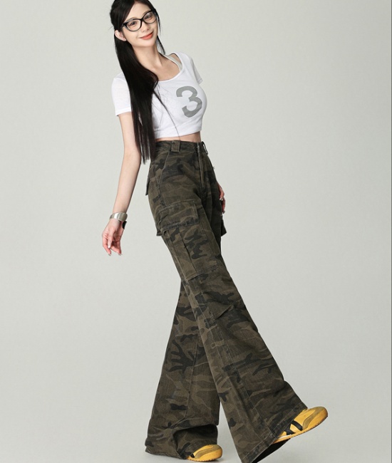 Retro camouflage long pants summer work pants for women