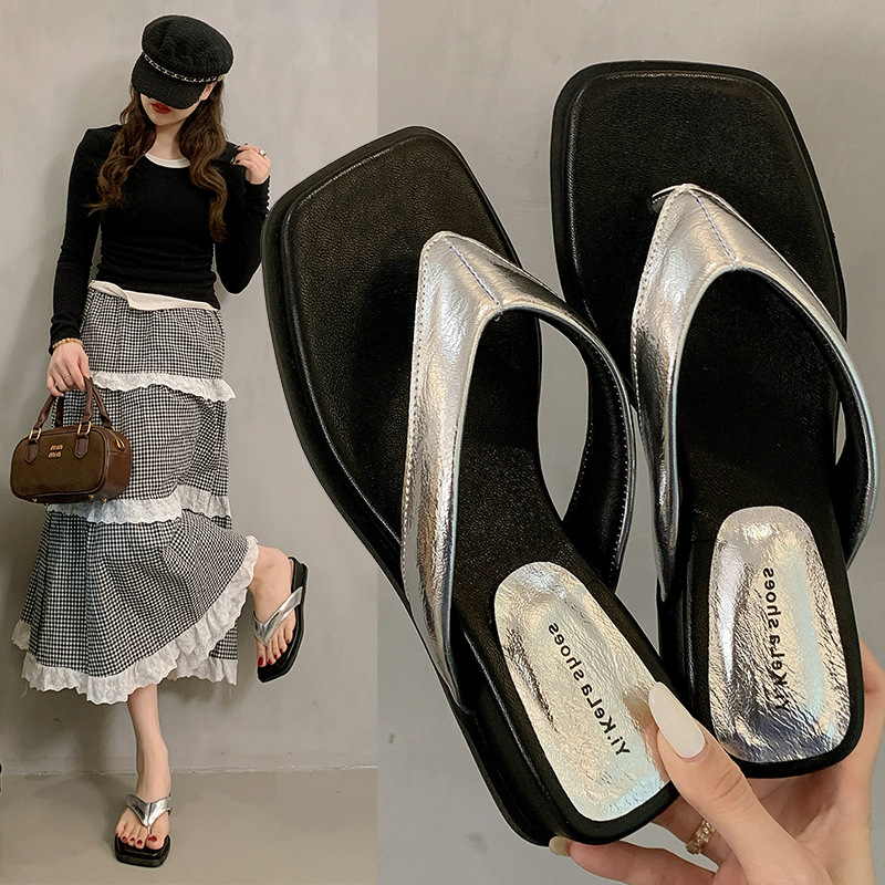Summer niche seaside flip-flops sandy beach silver  for women