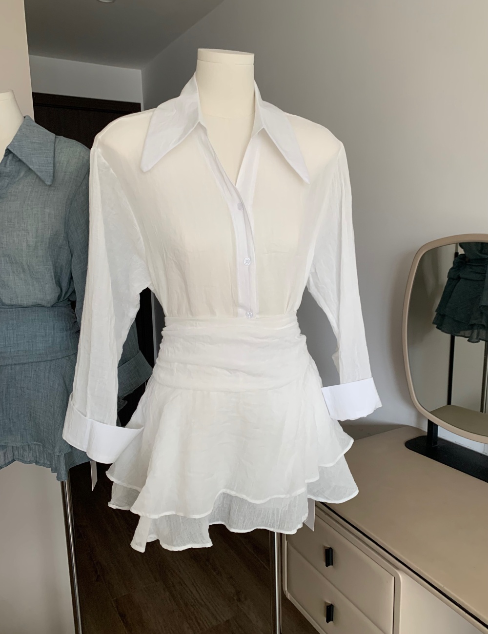 Tender slim dress white autumn shirt 2pcs set