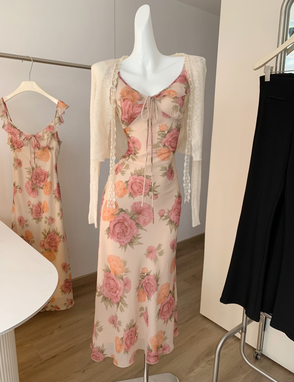 Apricot temperament dress V-neck pinched waist cardigan a set