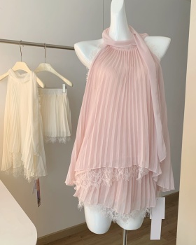 Chiffon halter tops lace sleeveless skirt 2pcs set