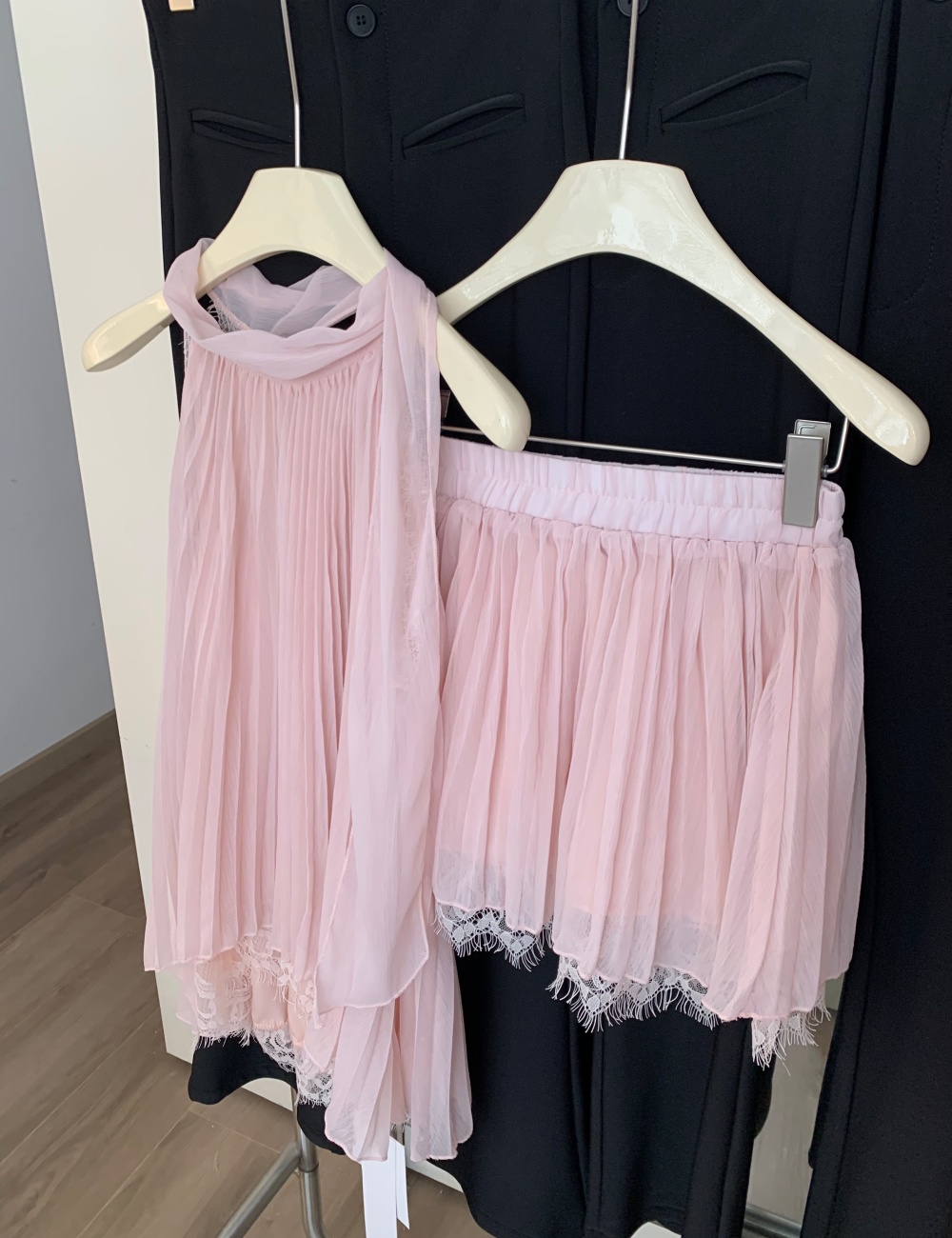Chiffon halter tops lace sleeveless skirt 2pcs set