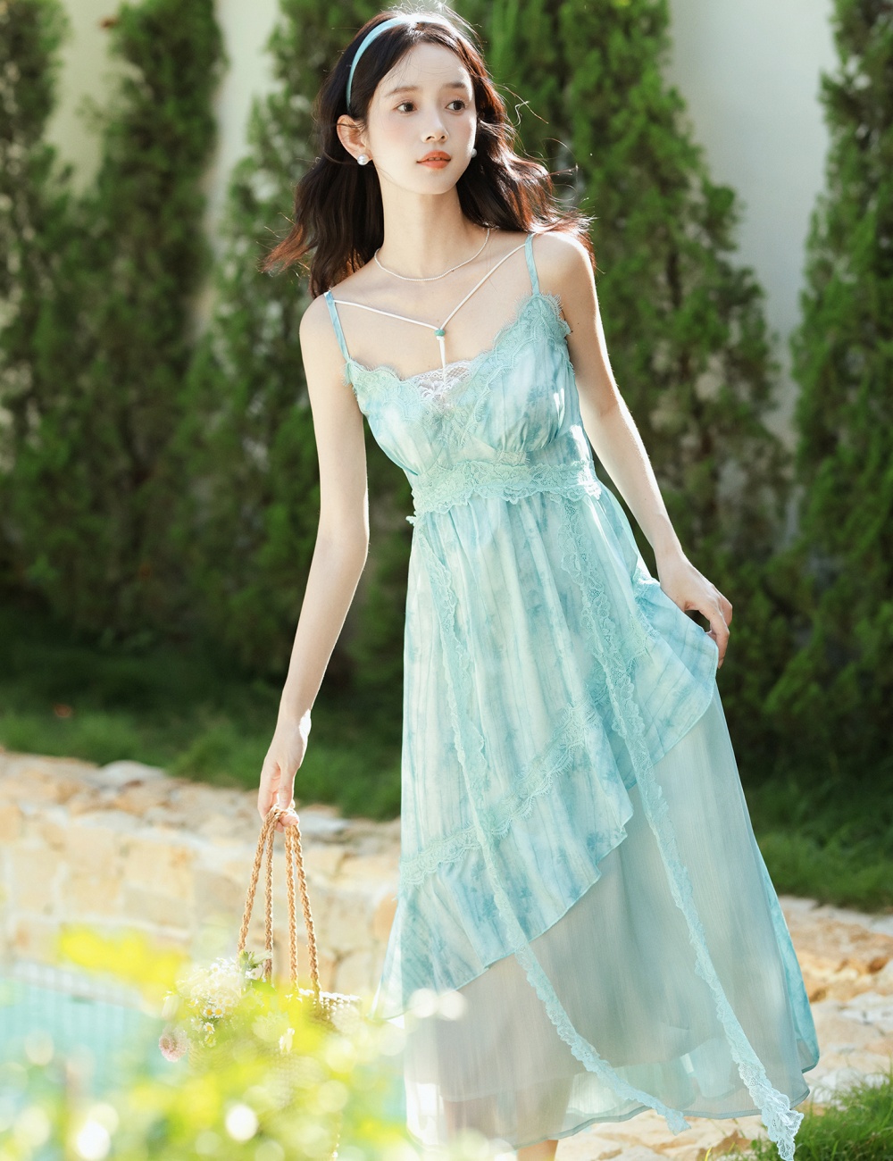 Enticement summer strap dress lace tie dye dress