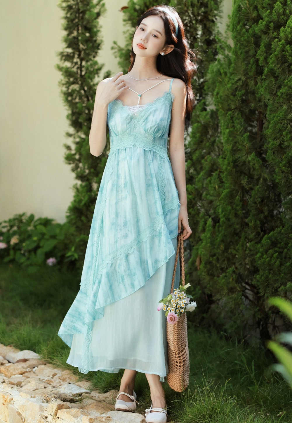 Enticement summer strap dress lace tie dye dress