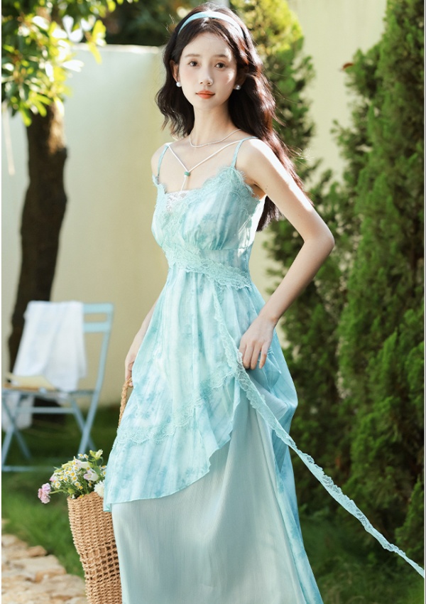 Enticement summer strap dress lace tie dye dress