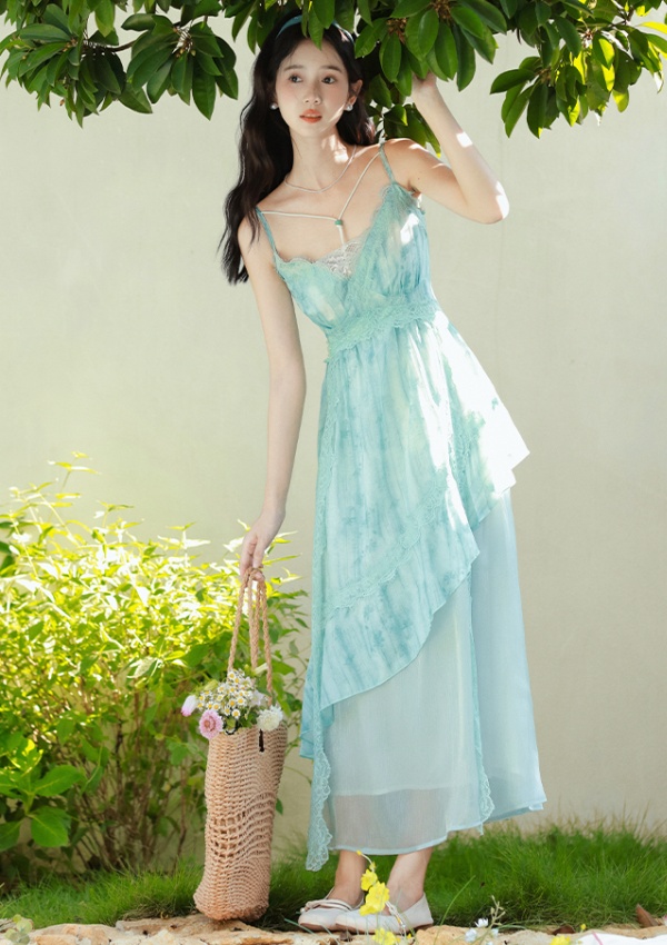 Enticement summer strap dress lace tie dye dress