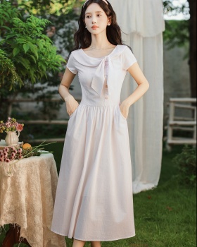 Fresh pink pinched waist maiden stripe bow collar dress