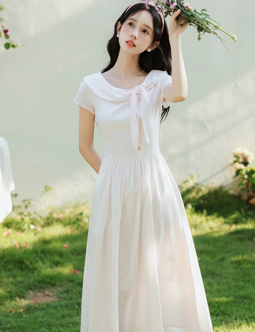 Fresh pink pinched waist maiden stripe bow collar dress