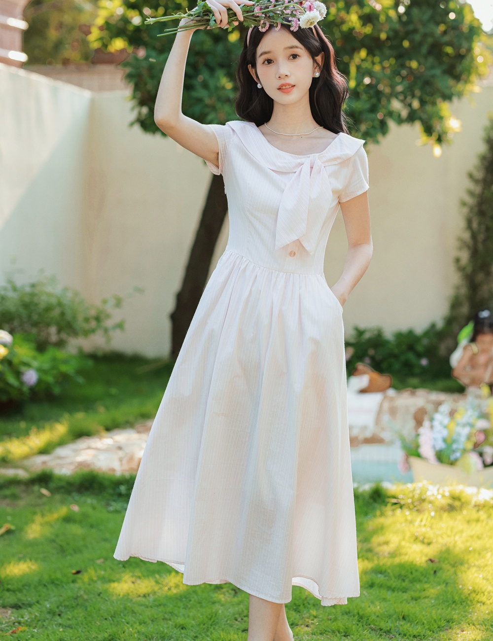 Fresh pink pinched waist maiden stripe bow collar dress