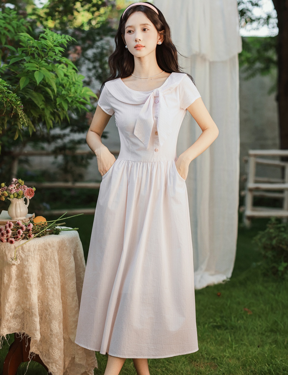 Fresh pink pinched waist maiden stripe bow collar dress