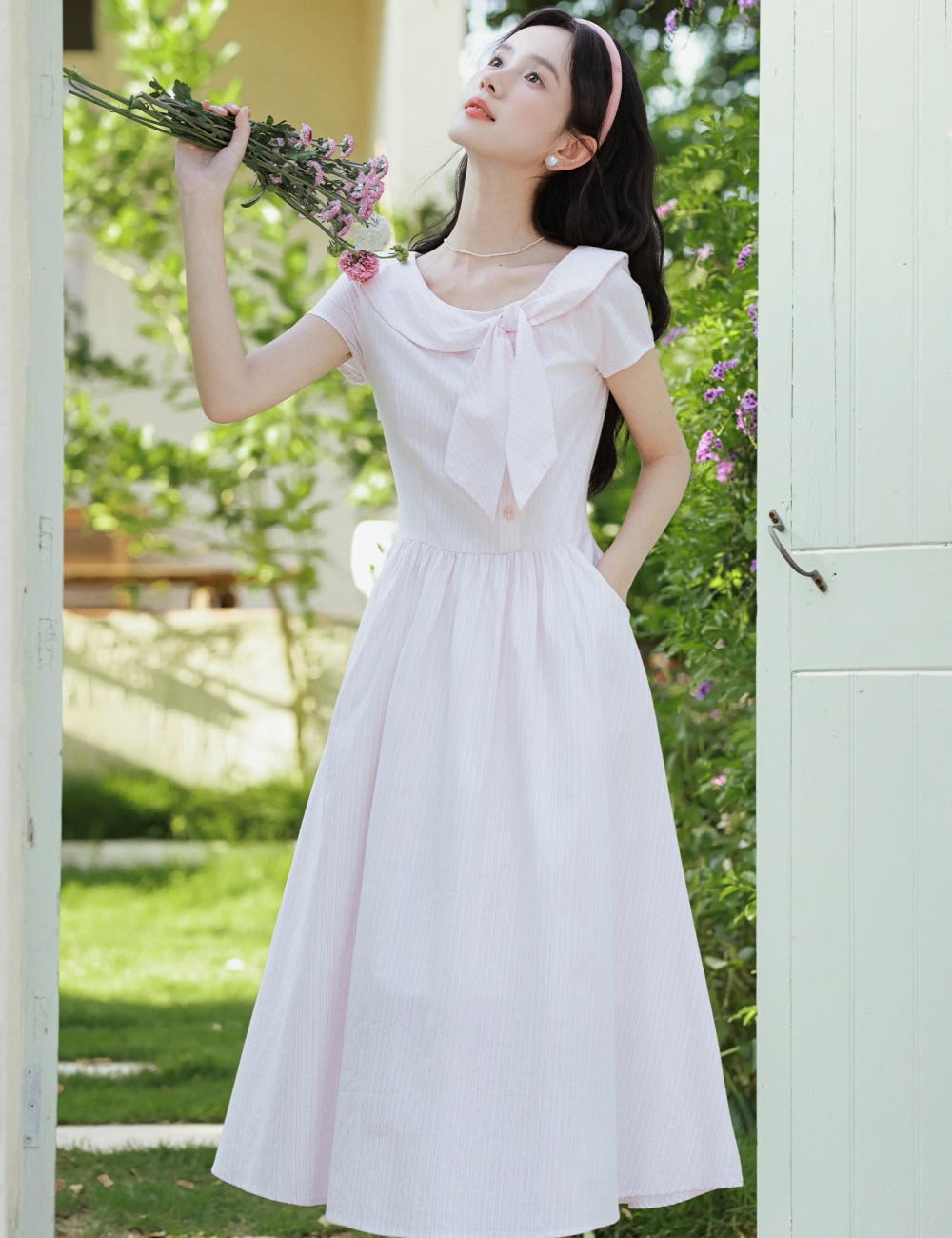 Fresh pink pinched waist maiden stripe bow collar dress