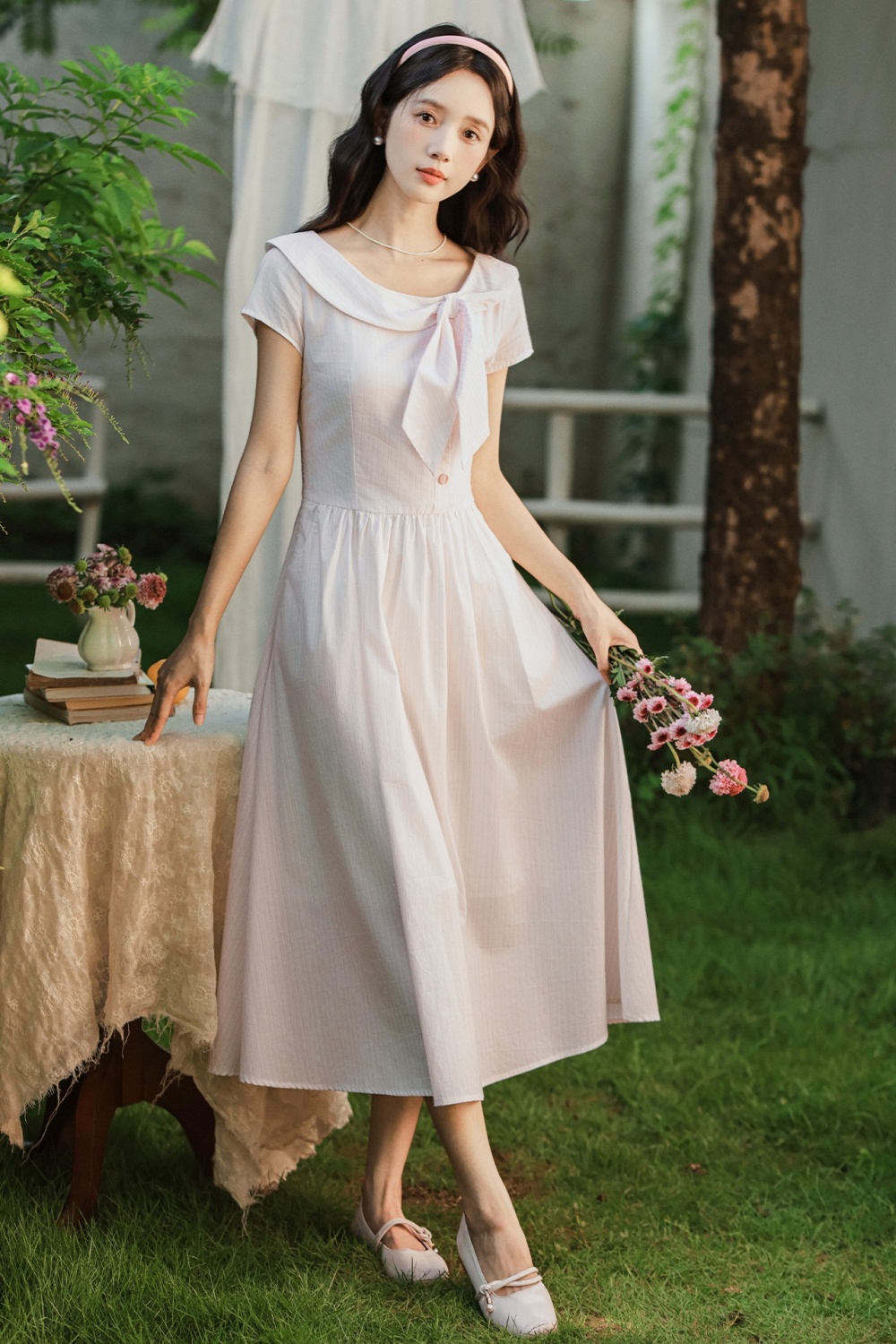 Fresh pink pinched waist maiden stripe bow collar dress
