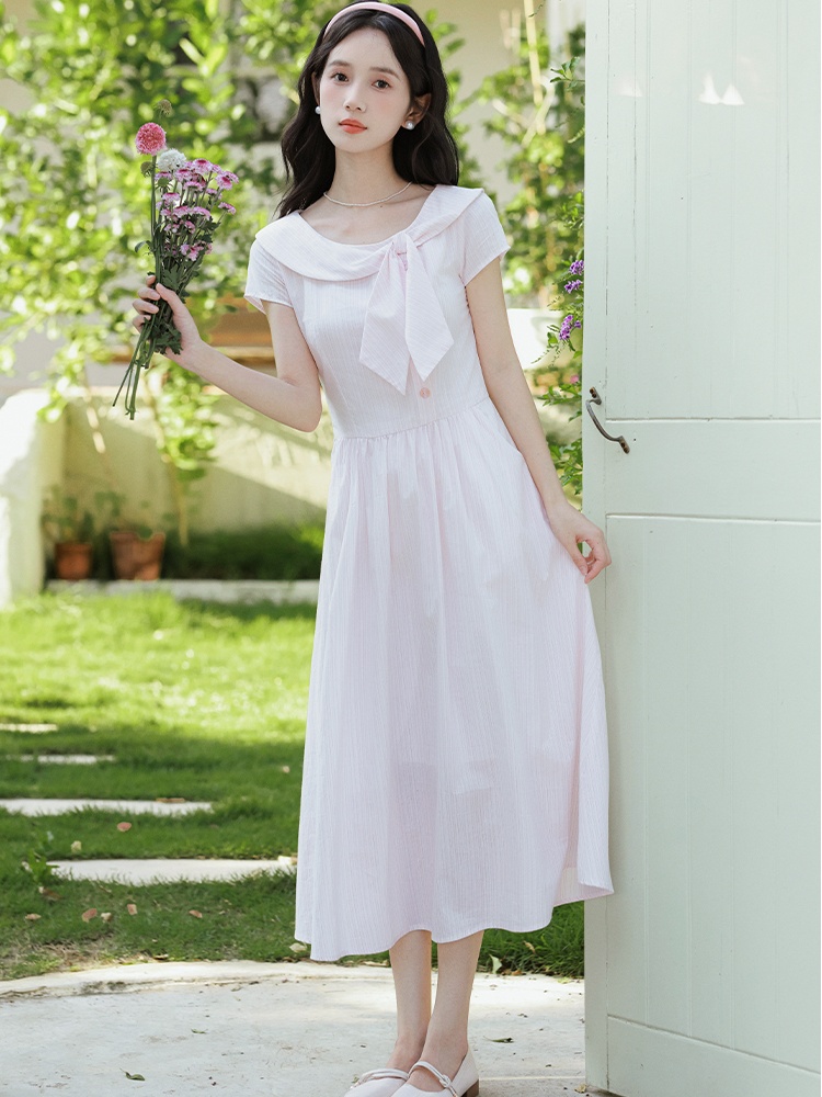 Fresh pink pinched waist maiden stripe bow collar dress