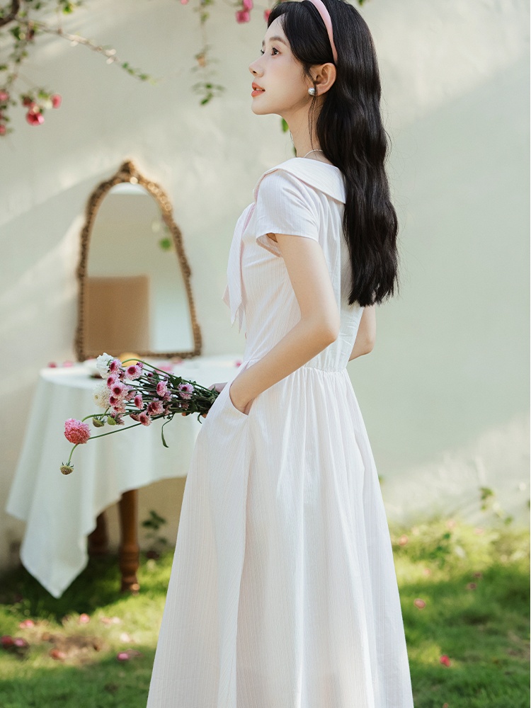 Fresh pink pinched waist maiden stripe bow collar dress