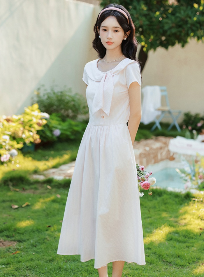 Fresh pink pinched waist maiden stripe bow collar dress
