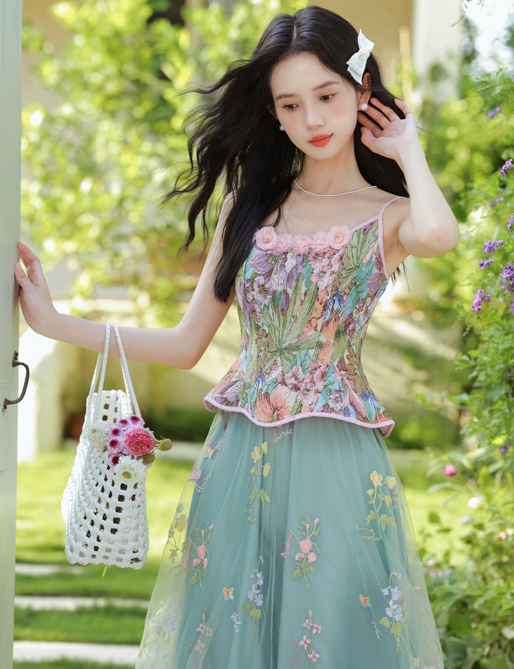 Embroidery skirt retro tops a set for women