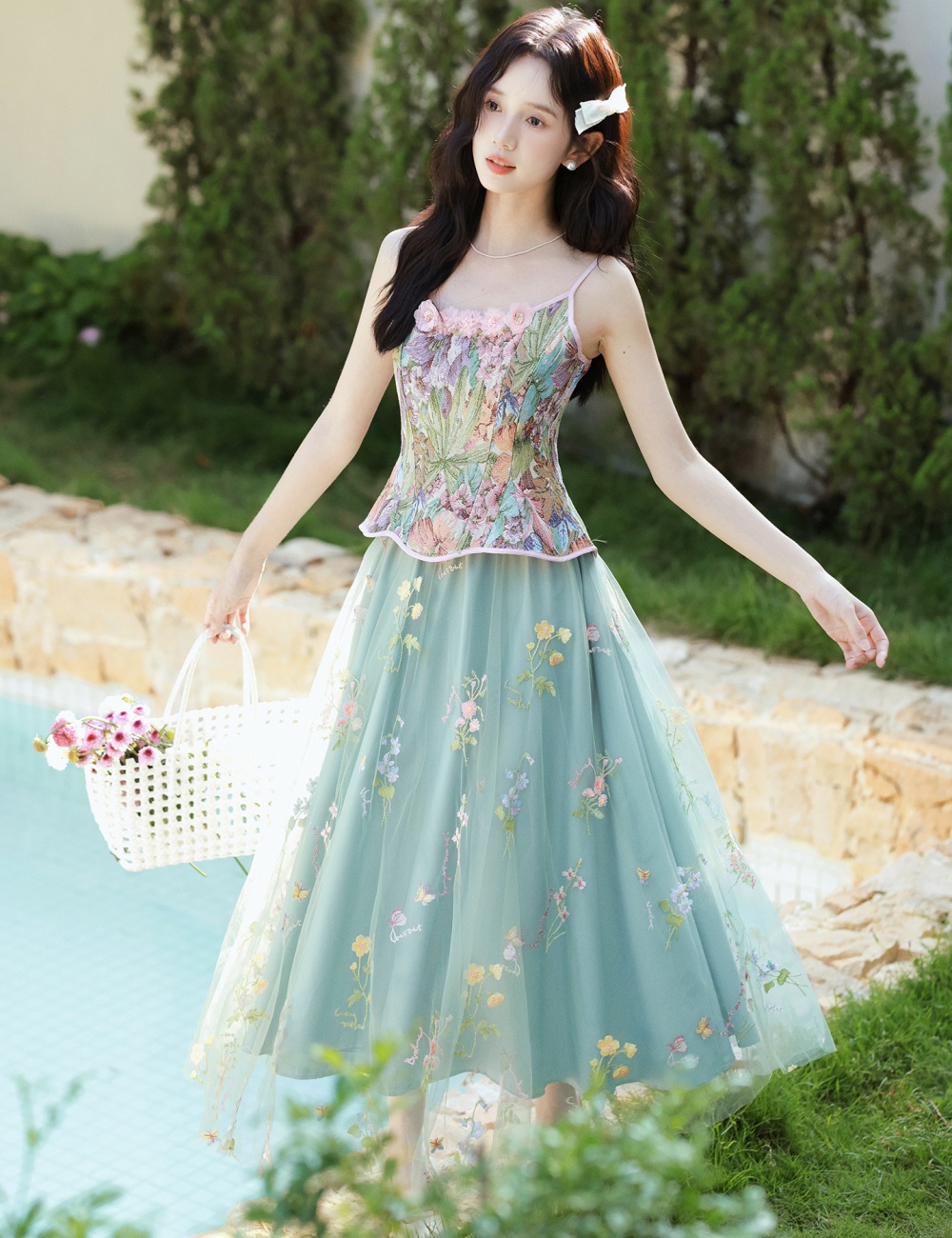 Embroidery skirt retro tops a set for women