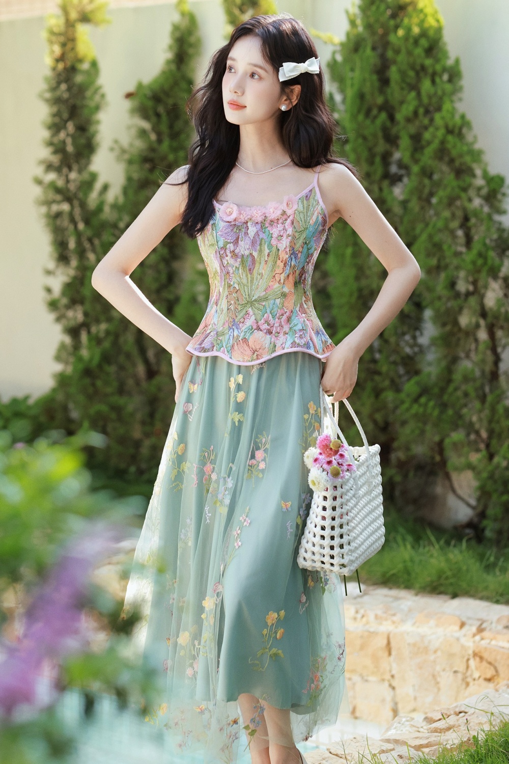 Embroidery skirt retro tops a set for women