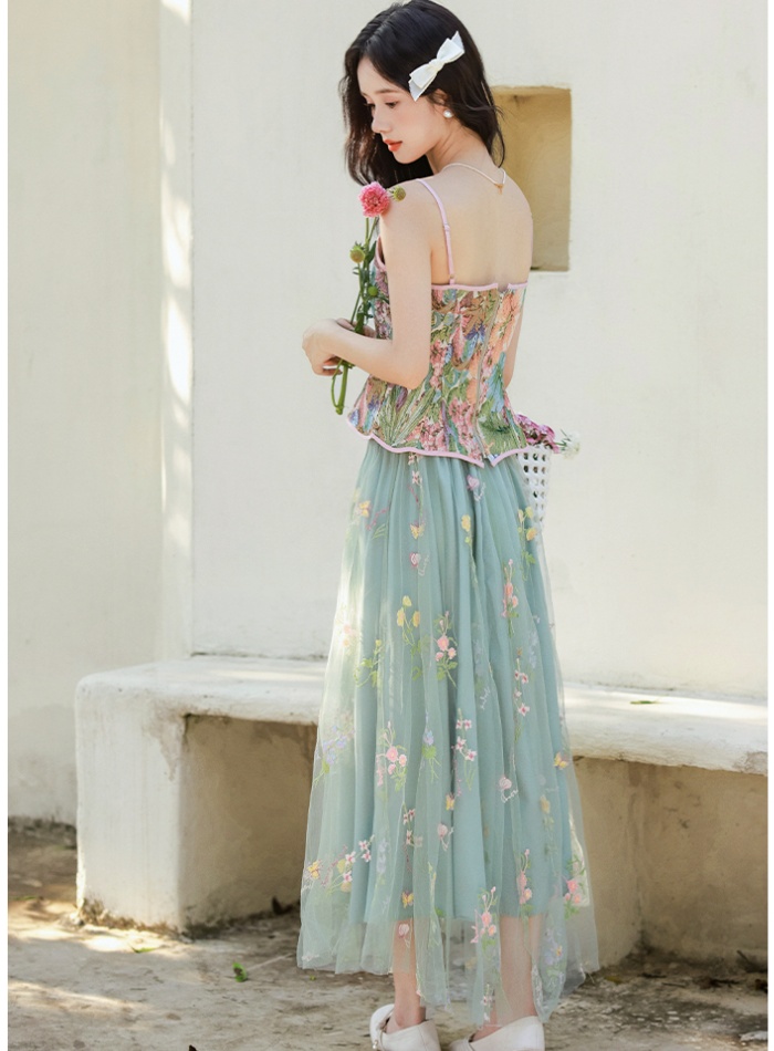 Embroidery skirt retro tops a set for women