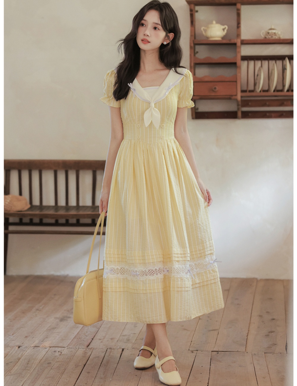 Sweet navy collar stripe show young college style dress
