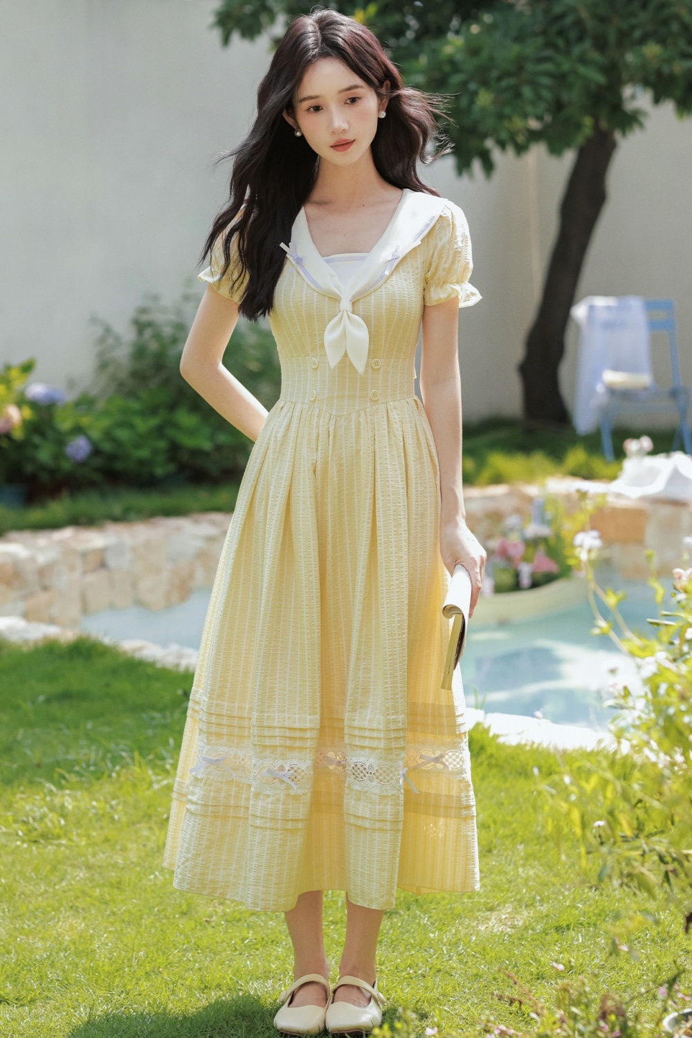 Sweet navy collar stripe show young college style dress