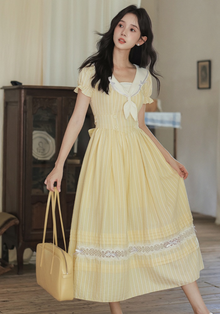 Sweet navy collar stripe show young college style dress