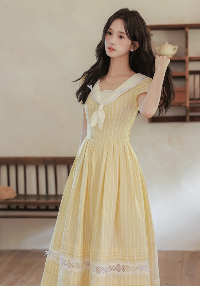 Sweet navy collar stripe show young college style dress