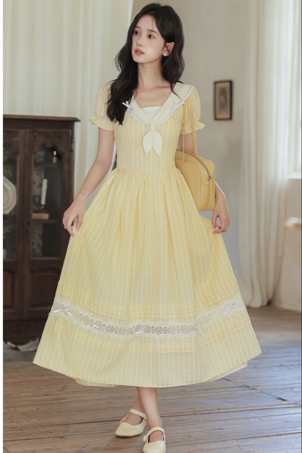 Sweet navy collar stripe show young college style dress