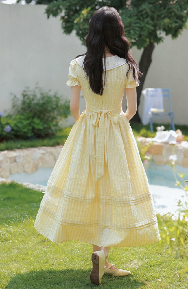Sweet navy collar stripe show young college style dress
