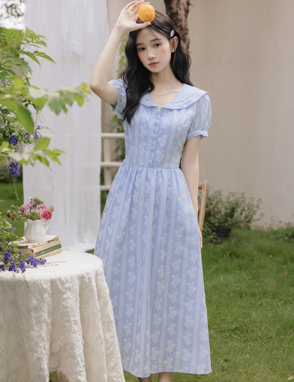 Puff sleeve France style embroidery navy collar sweet dress