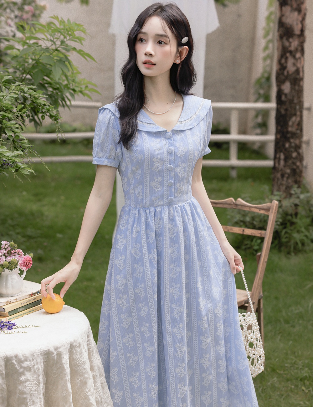 Puff sleeve France style embroidery navy collar sweet dress