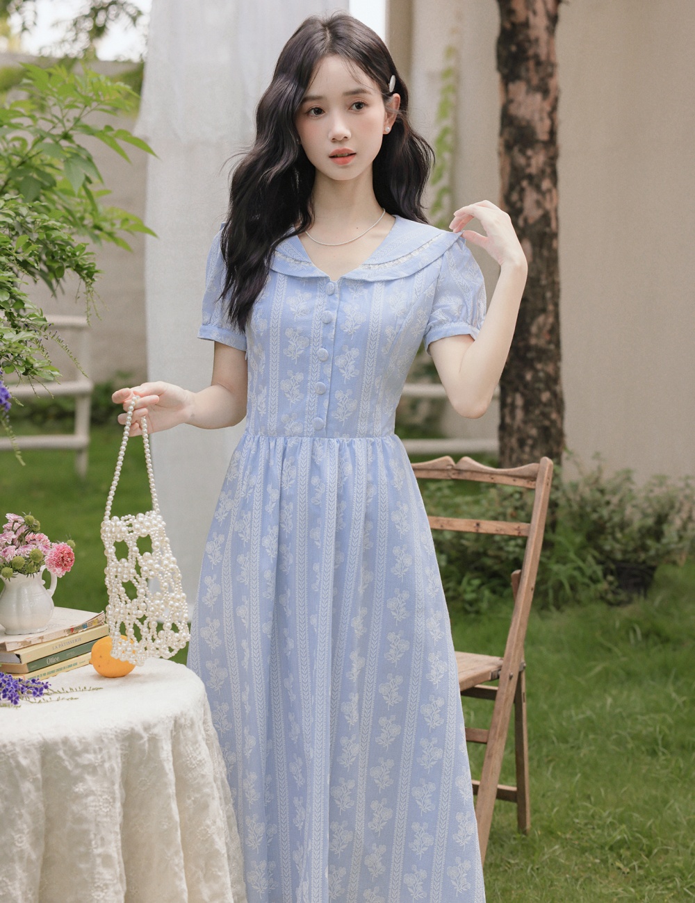 Puff sleeve France style embroidery navy collar sweet dress