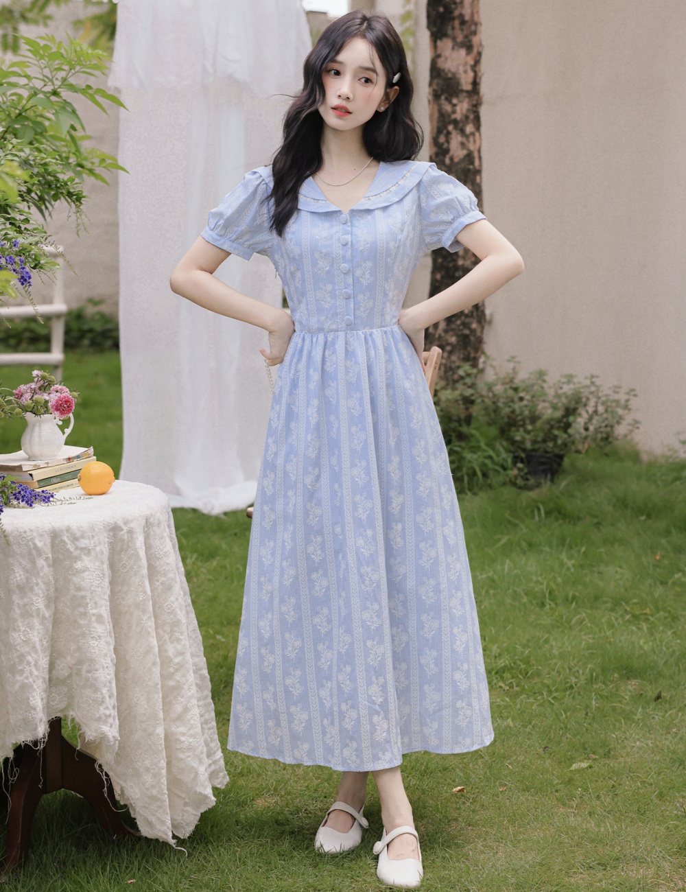 Puff sleeve France style embroidery navy collar sweet dress