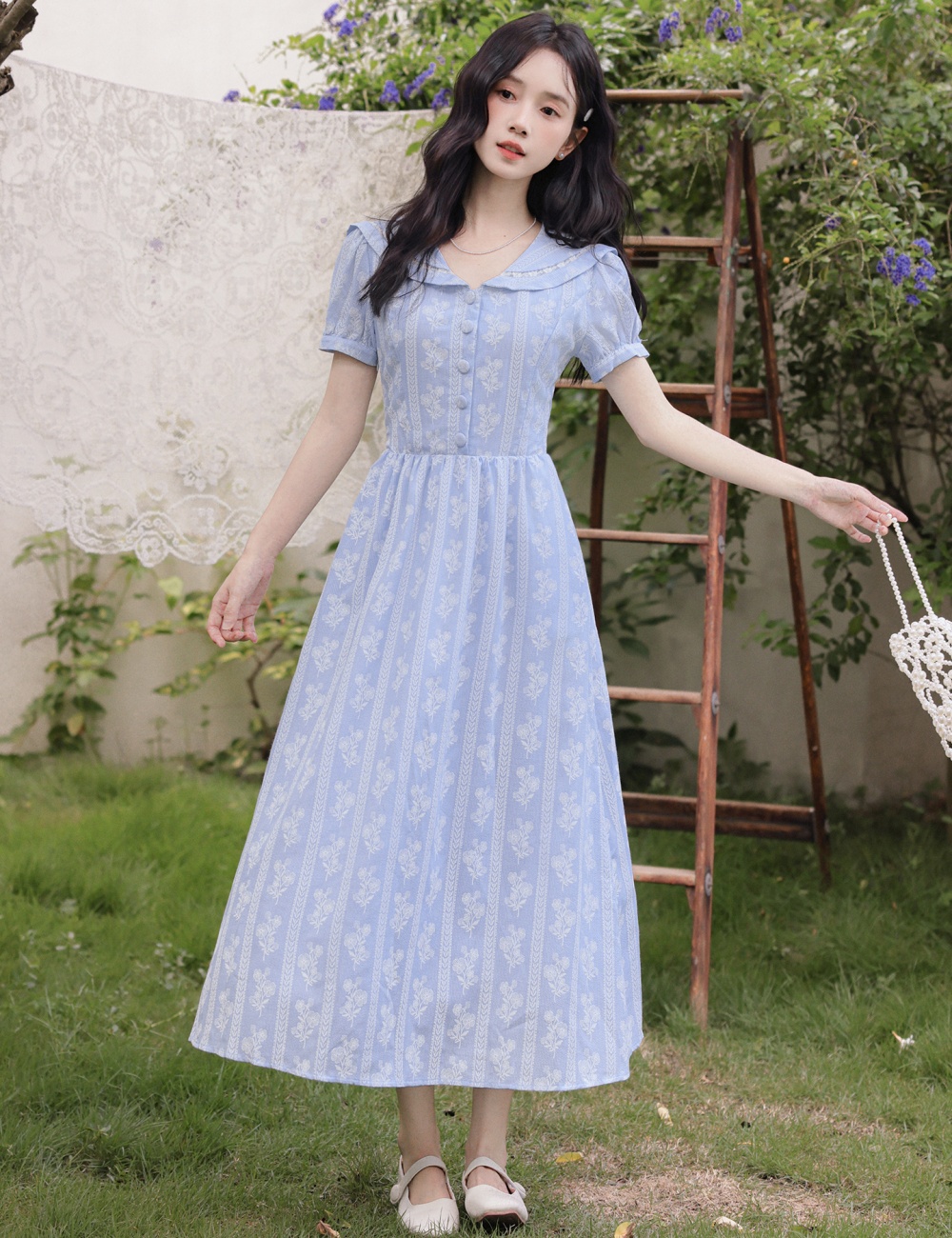 Puff sleeve France style embroidery navy collar sweet dress