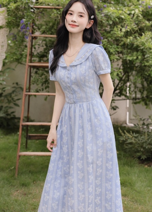 Puff sleeve France style embroidery navy collar sweet dress