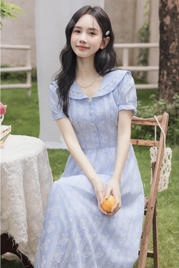 Puff sleeve France style embroidery navy collar sweet dress
