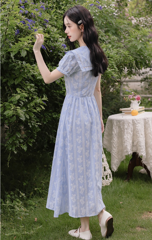 Puff sleeve France style embroidery navy collar sweet dress