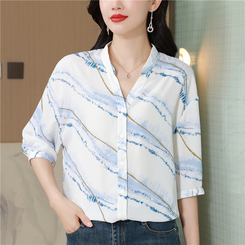 Chiffon thin V-neck tops short sleeve slim shirt for women