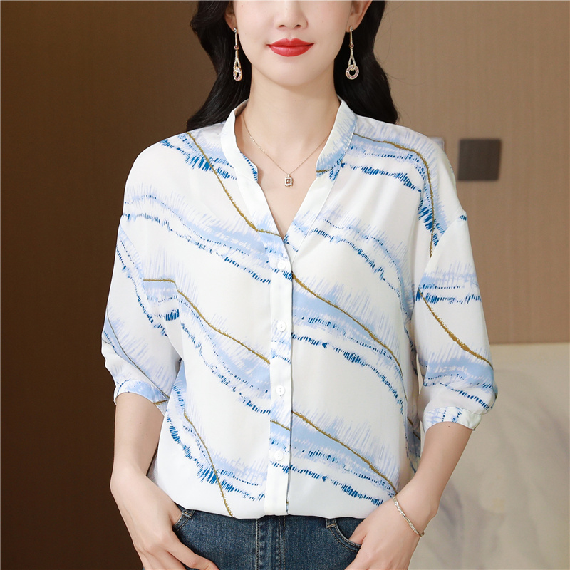 Chiffon thin V-neck tops short sleeve slim shirt for women